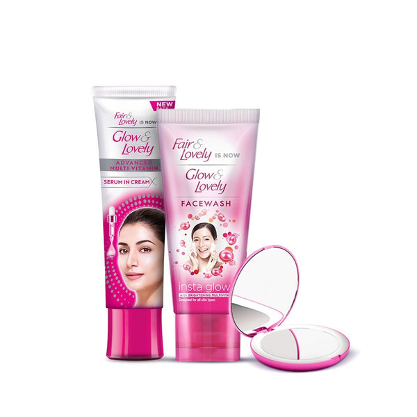 Bundle - Glow & Lovely Facewash 80g + Multivitamin Cream - 50g + FREE Makeup Mirror Luxeery - Luxeery