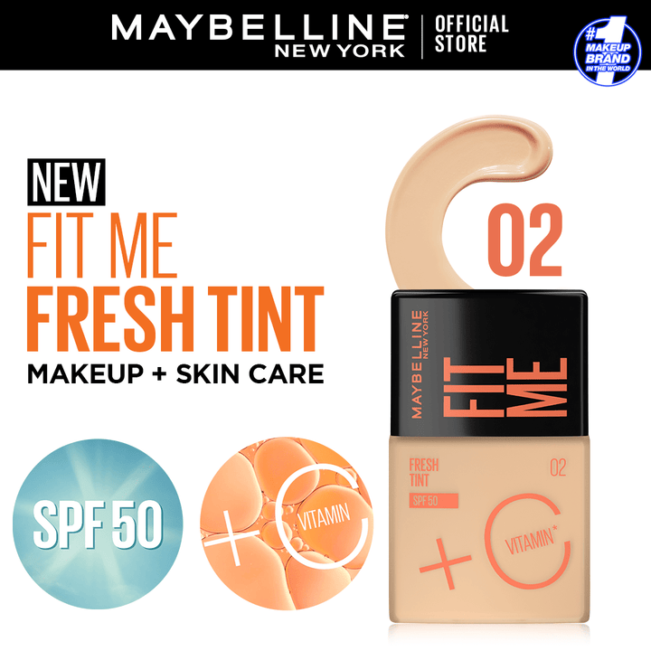 Bundle - Maybelline New York Baby Skin Pore Eraser Primer + Maybelline Fit Me Fresh Tint Vit C + Spf 50 - 30Ml - Shade 02 + Maybelline The Colossal Waterproof Mascara 9.2Ml Luxeery - Luxeery