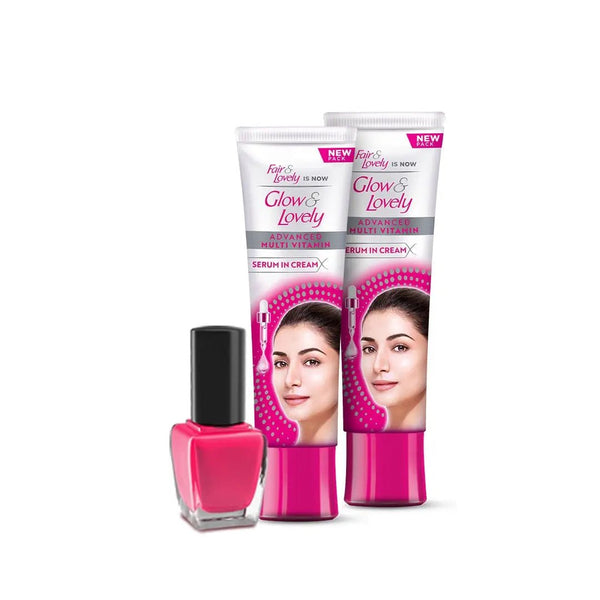 Bundle - Pack of 2 Glow & Lovely Multi Vitamin Cream - 25g + FREE Nail Polish Luxeery - Luxeery