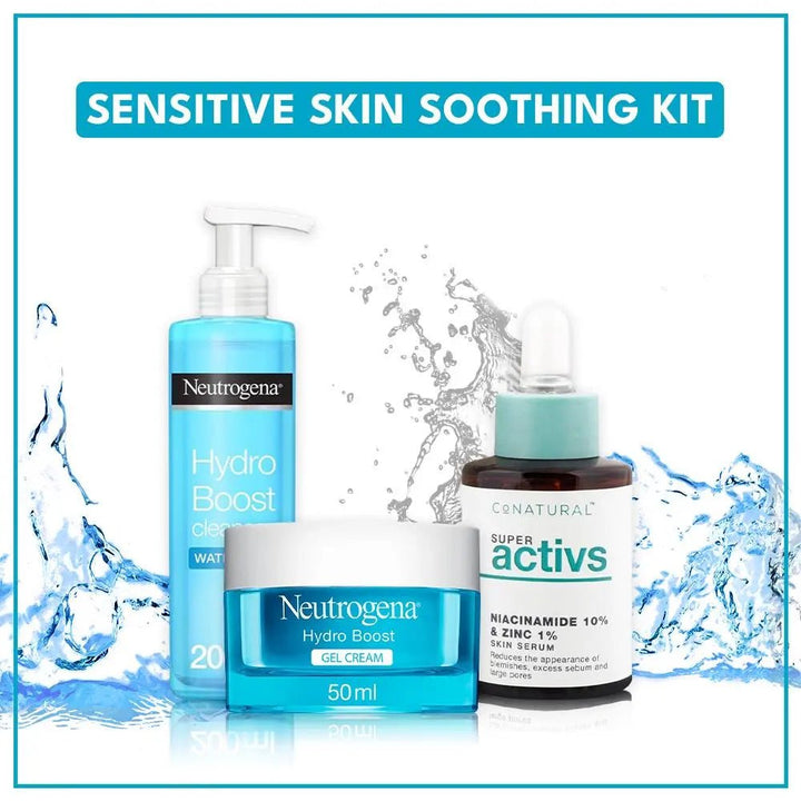 Bundle - Sensitive Skin Soothing Kit - Neutrogena Hydro Boost Gel - Cream Moisturiser 50Ml + Neutrogena Hydro Boost Water Gel Cleanser 200Ml + Conatural Niacinamide 10% + Zinc 1% - Super Activs Skin Serum Luxeery - Luxeery