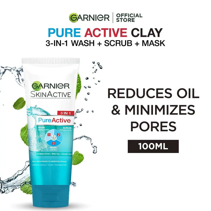 Garnier Pure Active 3 In 1 Face Wash Mask Scrub - 100ml Garnier - Luxeery