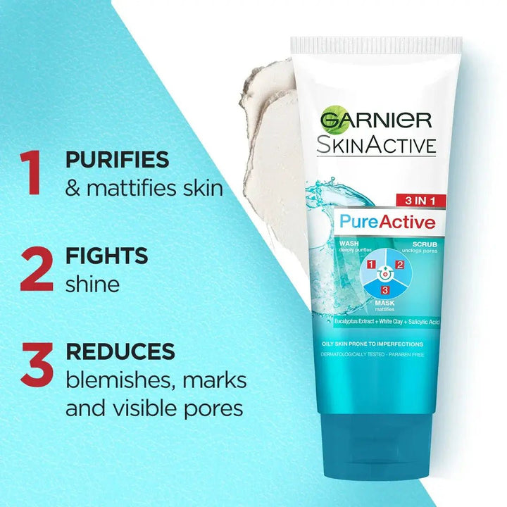 Garnier Pure Active 3 In 1 Face Wash Mask Scrub - 100ml Garnier - Luxeery