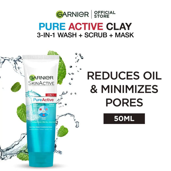 Garnier Pure Active 3 In 1 Face Wash Mask Scrub - 50ml Garnier - Luxeery