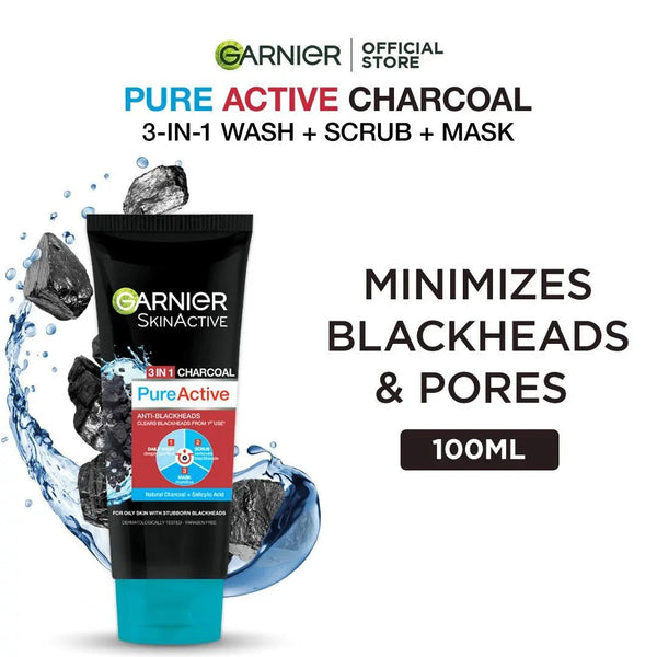 Garnier Skin Active 3 - In - 1 Charcoal Blackhead Face Wash Mask Scrub 100Ml Garnier - Luxeery