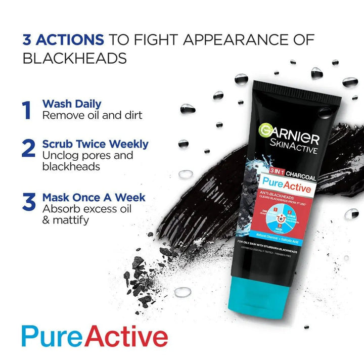 Garnier Skin Active 3 - In - 1 Charcoal Blackhead Face Wash Mask Scrub 100Ml Garnier - Luxeery