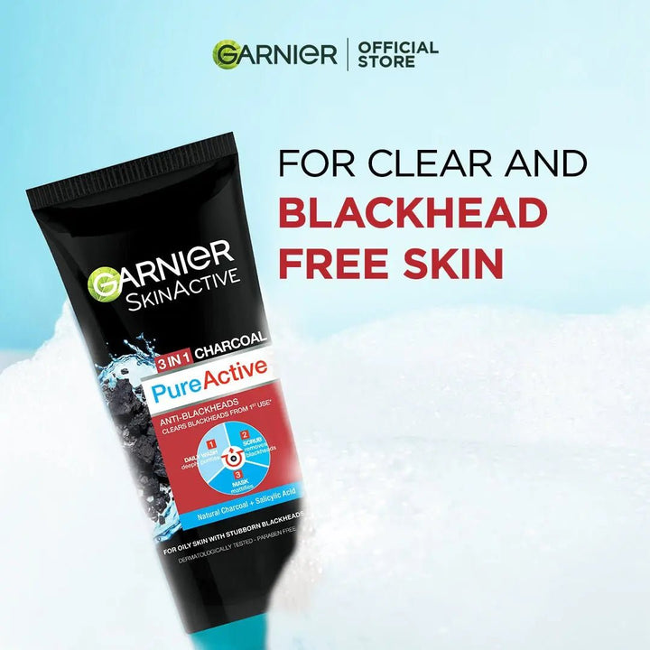 Garnier Skin Active 3 - In - 1 Charcoal Blackhead Face Wash Mask Scrub 100Ml Garnier - Luxeery