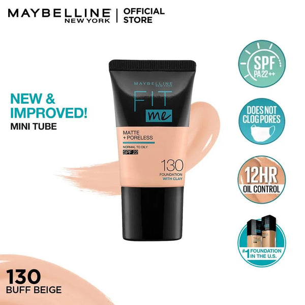 Maybelline New York Fit Me Matte & Poreless Liquid Foundation 18Ml Mini Tube - 130 Buff Beige - For Normal To Oily Skin Maybelline - Luxeery