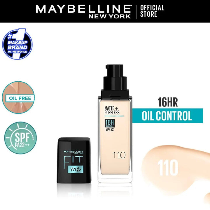 Maybelline Ny New Fit Me Matte + Poreless Liquid Foundation Spf 22 - 110 Porcelain 30Ml - For Normal To Oily Skin Maybelline - Luxeery